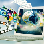 stylized image of computer monitor with icons and images of various media platforms flowing out of it