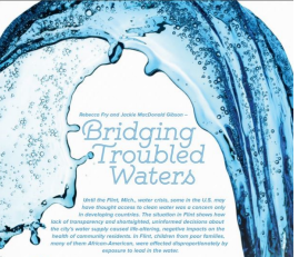 Magazine story headlined, "Bridging Troubled Waters," with large blue splash of water encircling headline.