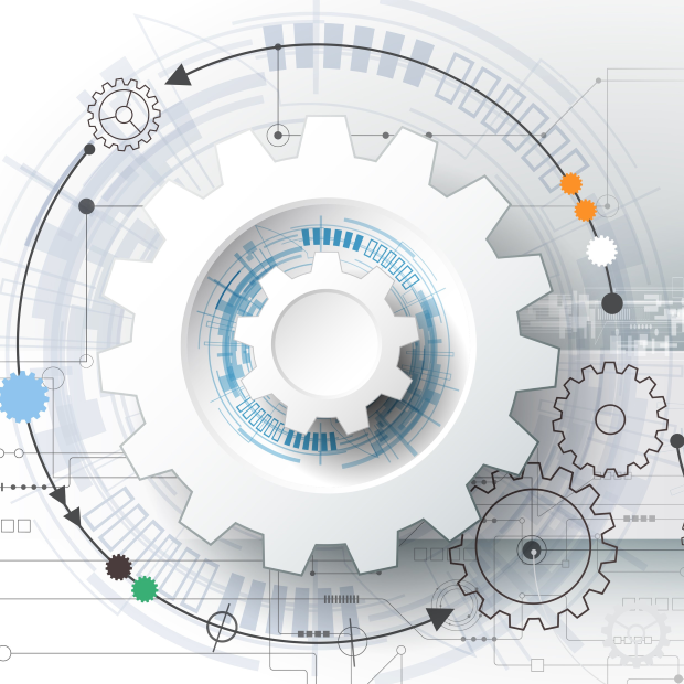 stylized illustration of a white gear and design drawings around it to depict engineering