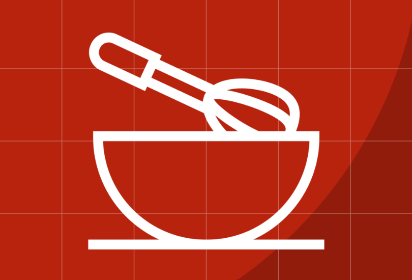 white icon of mixing bowl and whisk against a red background