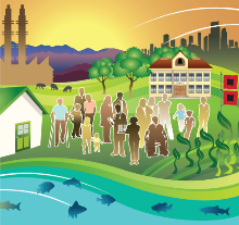 graphic of people by a river with commercial buildings and distant city in background