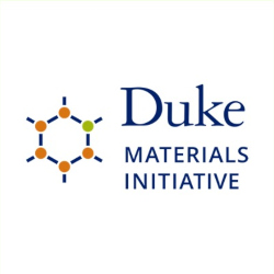 Logo for Duke Materials Image with words in dark blue against white background and symbol of a hex molecule