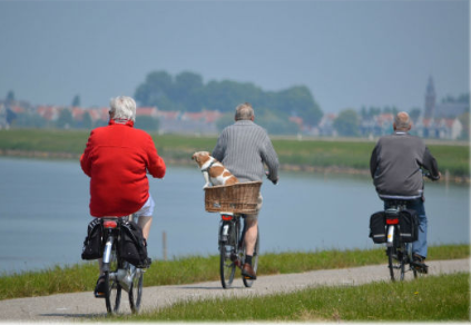 the backs of three elderly people riding bicycles near a pond